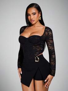 Radiana Sexy Elegant Unique Black Square Neck Lace Bodysuit Top, Sheer Lace Blouse, Long Sleeve Shirt, Black Tight Bustier, Suitable For Valentine's Day Date, Night Out, Party, Birthday, Club, Daily Wear, Cocktail, Concert, Festival, Stretchy Lace Fabric Hugs Curves - Black - View 5