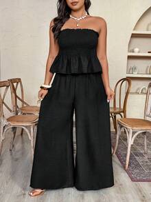 Weeklong Plus Size Women's Spring/Summer Vacation Crinkle Fabric Strapless Ruffle Hem Wide Leg Pants 2 Pieces Set - Black - View 6