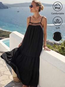 Breezaya 夏季波西米亚风度假休闲流苏刺绣花卉饰边A字吊带连衣裙 - 黑色 - 查看 2