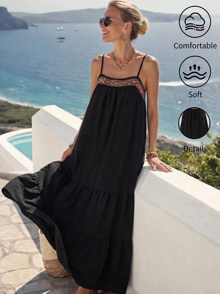 Breezaya 夏季波西米亚风度假休闲流苏刺绣花卉饰边A字吊带连衣裙