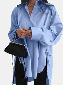 INAWLY Áo sơ mi dài tay trễ vai màu trơn cho nữ có viền buộc, áo dài tay - Màu xanh lam - Xem 1