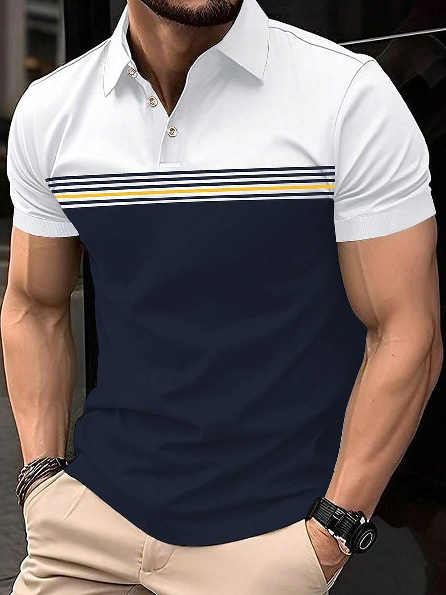 Manfinity Mode Men's Contrast Color Polo Shirt, Suitable For Outings And Office Wear Golf Shirt For Men Polo Shirt For Men Casual Polo Shirt Mens Collared Shirt Striped Polo Shirt Old Money,Daily Leisure, Weekend Trips, Outdoor Activities, Travel Expeditions, Relaxed Work Environments Or Semi-Formal Occasions, Boyfriend/Husband Gift, Anniversary /Birthday Gift Party Summer Vacation Holiday,Wedding,Spring To Summer,Easter,Y2k,Vintage,Hawaiian - Blue and White - View 1
