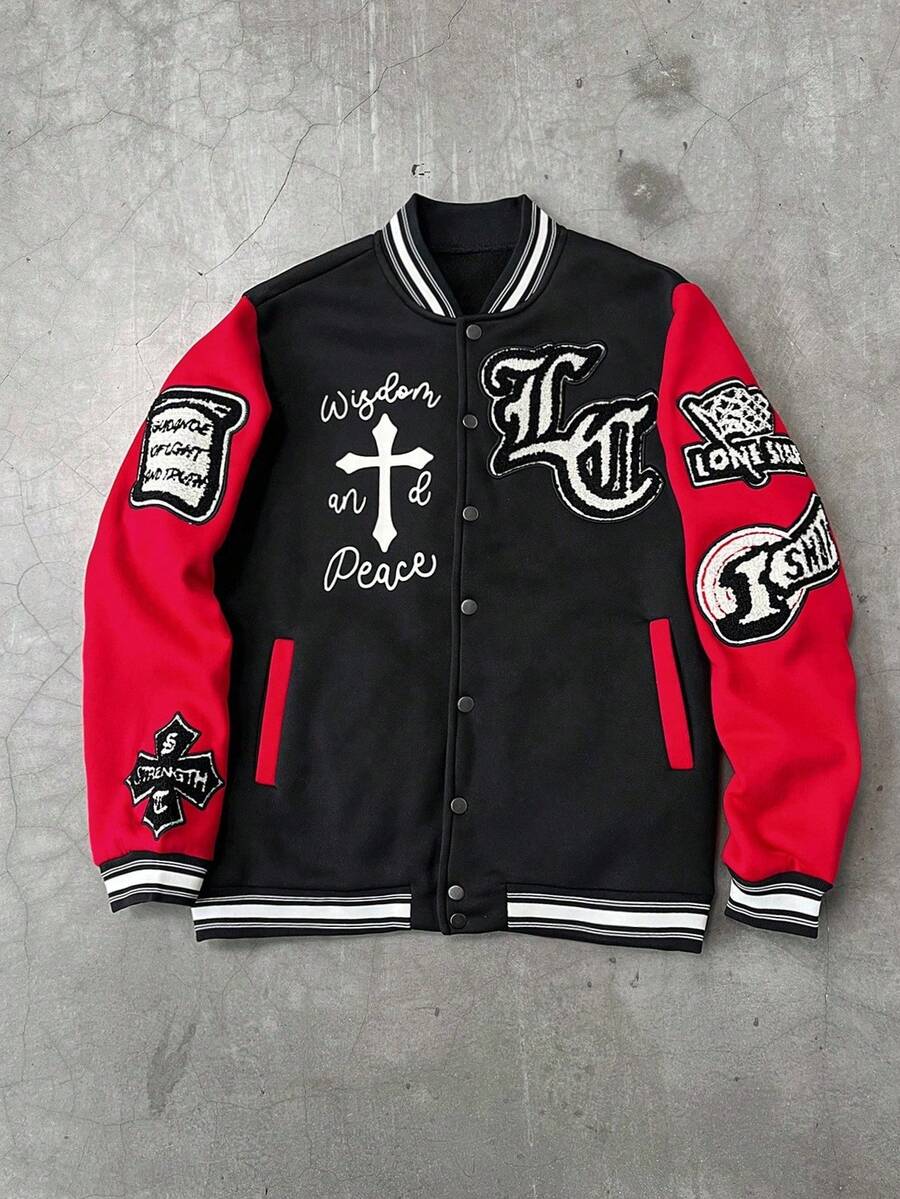 PAVTROS Men's Letter & Cross Graphic Single-Breasted Baseball Jacket - Red - View 1