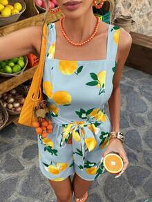 Selianne Standard Size Light Blue Base Fruit Print Jumpsuit, Spring/Summer Holiday Romper Vacation Boho - Multicolor - View 3