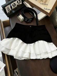 SHEIN Franclia Chân váy ngắn nữ thanh lịch phối màu đen trắng, thích hợp cho mùa xuân/hè. - Đen và trắng - Xem 1