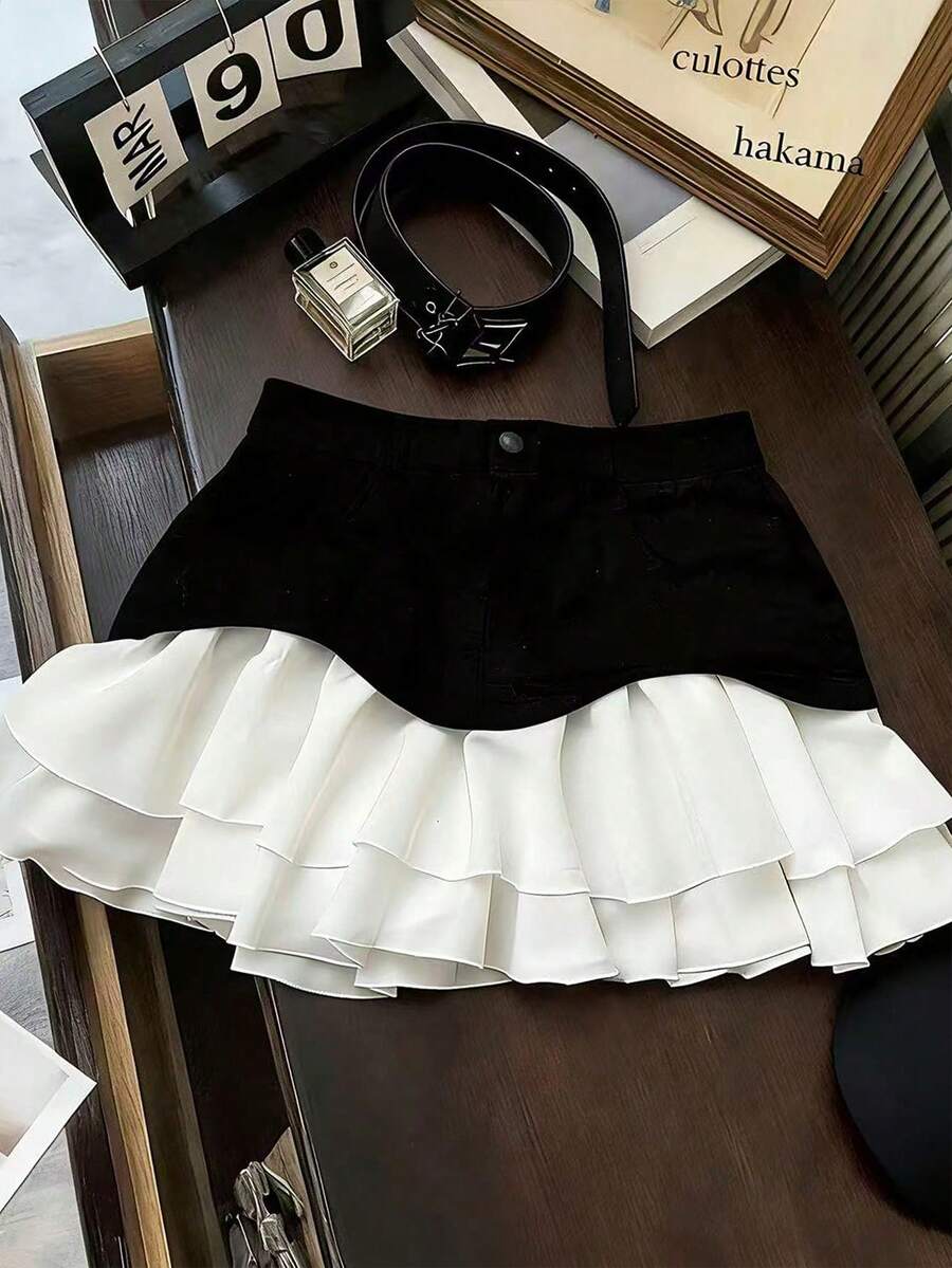 SHEIN Franclia Chân váy ngắn nữ thanh lịch phối màu đen trắng, thích hợp cho mùa xuân/hè. - Đen và trắng - Xem 1