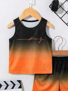 2 piezas Conjunto casual para niño, parte superior de tirantes con estampado de logo degradado a juego con pantalones cortos con estampado de logo, adecuado para salidas en verano - Multicolor - Ver 5