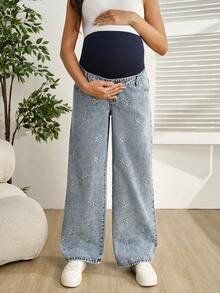 SHEIN 休闲雏菊刺绣浅蓝色阔腿孕妇牛仔裤，春夏款 - 淺色水洗藍 - 查看 3