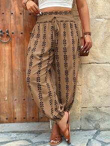 SHEIN LUNE Quần Harem cạp chun in họa tiết cỡ lớn, quần thường ngày thoải mái cho kỳ nghỉ. - Nhiều màu - Xem 4