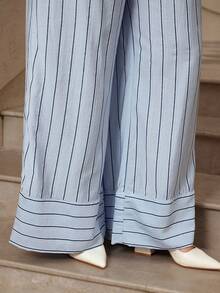 VOLUPTÉ CURVE Pantalon ample grande taille printemps/été, seulement pantalon décontracté minimaliste à rayures verticales bleu clair taille haute ample patchwork, convient pour le travail et le port quotidien - Bleu azur - Voir 8