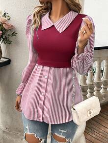 EMERY ROSE Women's Casual Striped Patchwork 2 In 1 Top Fall Cloth For Women - Burgundy - View 3
