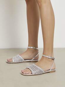 SHUZIA 女士时尚休闲舒适编织PU踝带平底凉鞋 - 銀色 - 查看 2