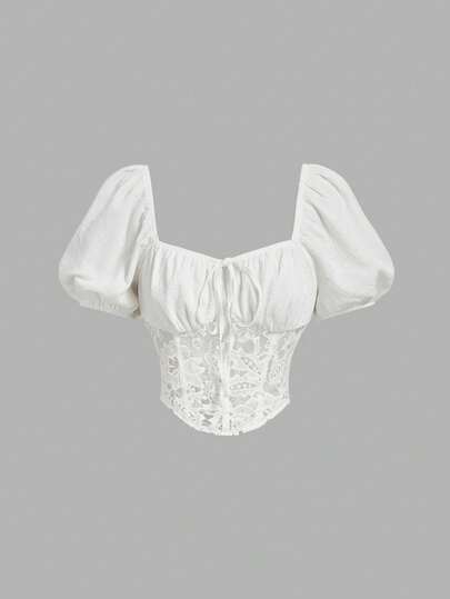 SHEIN MOD Water-Soluble Floral Waist Ruffle Petal Sleeve Ruched Bust Blouse For Women