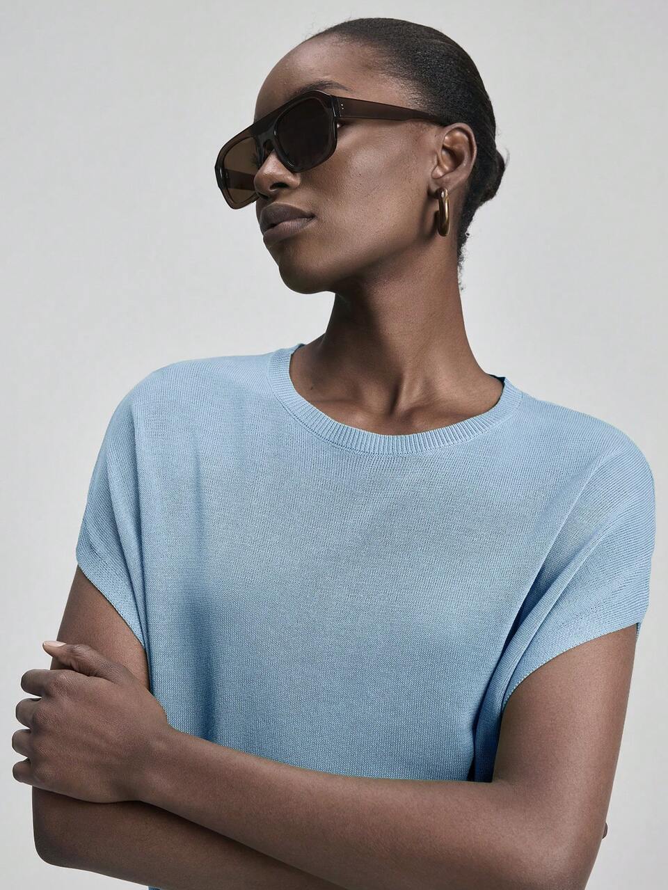 Women's Dusty Blue 3D Arc Shoulder Knit Top, Summer Effortless Chic Everyday Modern Elegant Wedding Guest, Minimalist French Luxury Urban Top