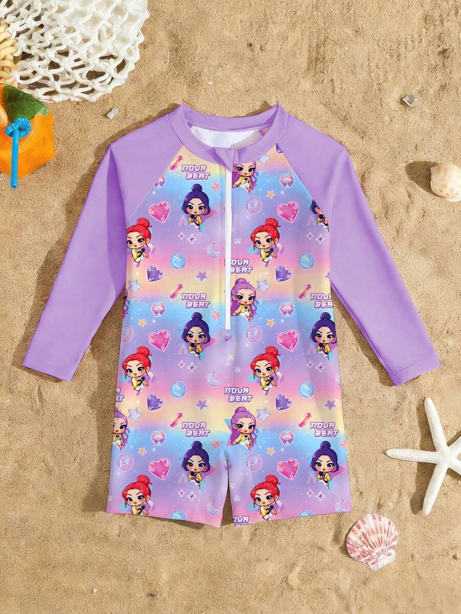 SHEIN GraphicGems Bộ đồ bơi liền thân tay dài quần đùi thời trang mới cho bé gái, họa tiết dễ thương ngẫu nhiên. - Nhiều màu - Xem 1
