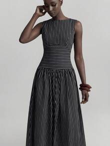 Ontre 2026春夏新款女士条纹拼接优雅圆领无袖褶皱腰身休闲长裙，日常穿着、复活节礼服、夏季连衣裙、优雅连衣裙、休闲长裙、度假连衣裙、婚礼礼服 - 黑色 - 查看 6