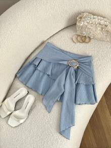 Resyla 荷叶边系带不对称下摆A字裙，百搭优雅女装设计 - 淺藍色 - 查看 1