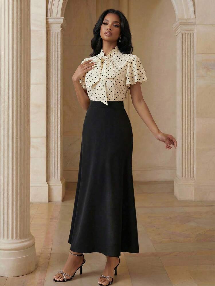 Women's Elegant Mid-Length Polka Dot Patchwork Collar Tie Bow Fishtail Dress, Suitable For Wedding Guest