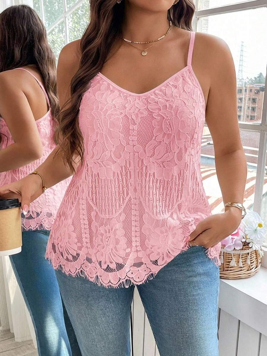 Reflora Canotta elegante in pizzo tinta unita per taglie comode - Rosa corallo - Visualizzare 1