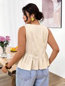 Lounesse Camiseta sin mangas de talla grande de verano, de unicolor, con volantes en el bajo - Albaricoque - Ver 2