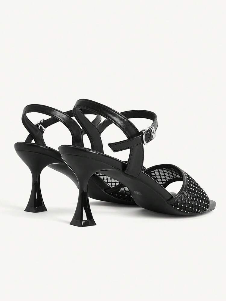 CUCCOO CHICEST Women's Black Mesh Peep Toe Ankle Strap Chunky High Heel Sandals, Fashionable, Elegant, Comfortable And Sexy