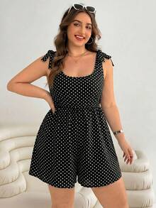 Solflare Bộ jumpsuit nữ cỡ lớn in chấm bi đen trắng thắt nơ, thích hợp cho lễ hội âm nhạc và kỳ nghỉ hè. - Đen và trắng - Xem 6
