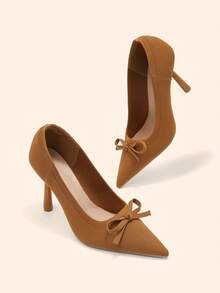 CUCCOO BASICS Women's Shoes Fashionable Brown Bow Pointed Stiletto Shoes Comfortable Fabric Material Suitable For Commuting Dating Parties Parties And Other Occasions To Wear - red brown - View 3