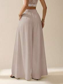 SHEIN Tall Quần ống rộng xếp ly cạp cao màu trơn dành cho nữ, kiểu dáng thoải mái. - Lạc đà - Xem 3