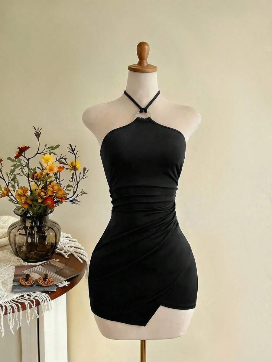 Elamini Women's Metal Ring Decor Halter Mini Dress - Black - View 1