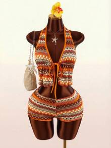 Amplova Deep V-Neck Halter Tie-Front Striped Crop Top And Super Low-Rise Mini Shorts 2 Pieces Set - Orange - View 5