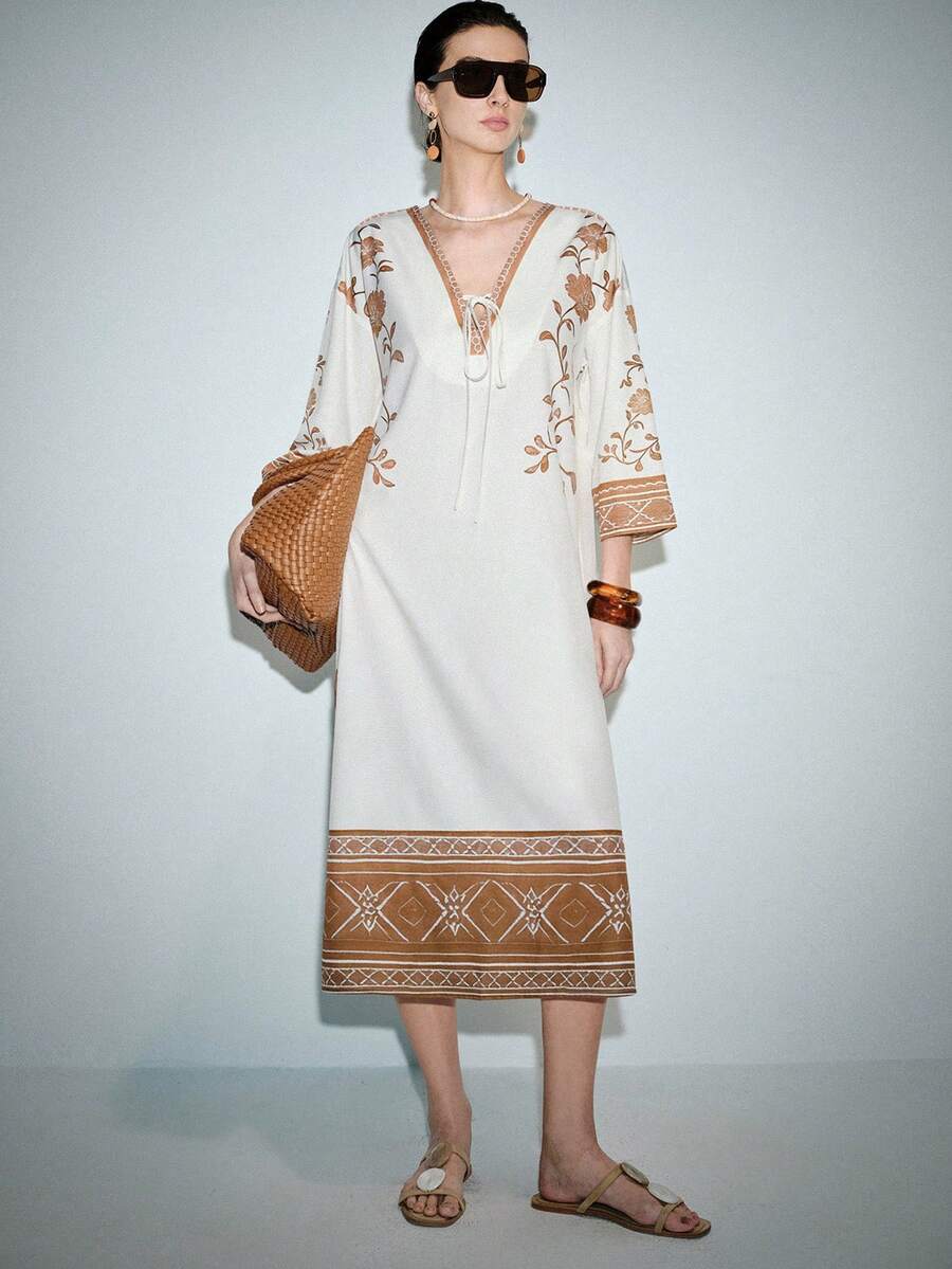 Lumivelle Đầm nữ tay lửng 3/4 thắt nơ phía trước, họa tiết hoa, kiểu dáng đi nghỉ mát. - Màu be - Xem 1