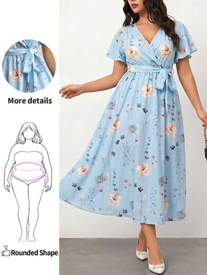 Enliva 大码夏季宽松 V 领不对称下摆随机印花开衩系带女士连衣裙