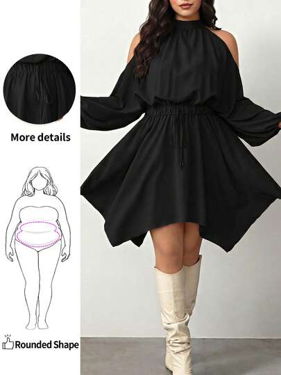 Enliva 大码女装纯色新款褶皱吊带长袖圆领弹力腰身不对称下摆灯笼袖蝴蝶结约会之夜精致时尚优雅休闲宽松简约浪漫连衣裙