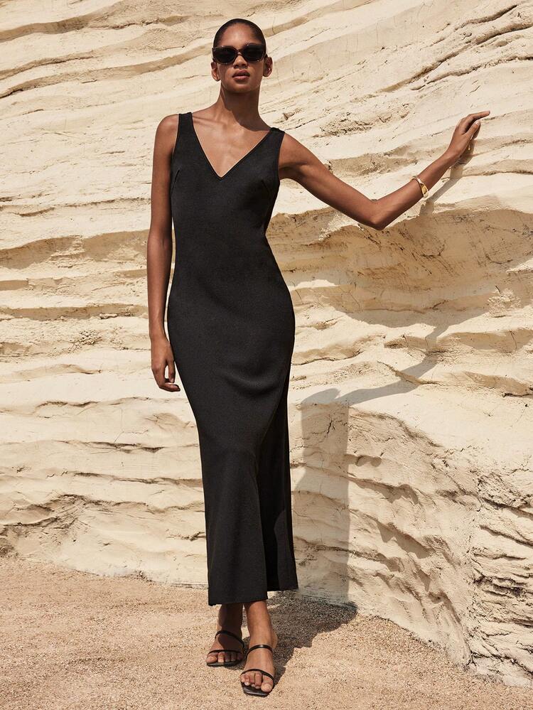 SHEIN Maija Women's V-Neck Sleeveless Long Dress With Backside Shell Design,Summer Dresses For Women