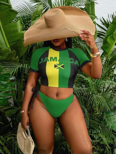 Slaydiva Conjunto de biquíni plus size de manga curta com cores contrastantes para férias de verão na praia