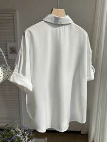 Resyla Women's Heart Embroidery Front Button Casual Versatile Roll-Up Sleeve Shirt - White - View 2