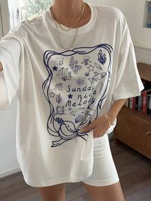 DAZY Women's Summer Round Neck Loose Short Sleeve Printed Vacation Style Pullover T-Shirt - White - View 5