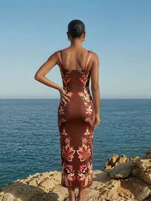 CAJUNI 女士酒红色夏季针织修身连衣裙，宽肩带方领，包臀中长款，饰有刺绣艺术花卉图案，度假风中长连衣裙，适合度假、夏季派对和优雅场合，酒红色连衣裙，锈棕色连衣裙，棕色包臀连衣裙，无袖中长连衣裙，印花连衣裙，春季女装，情人节，女士嘉年华服装，派对，夏季度假装扮。 - 棕色 - 查看 2