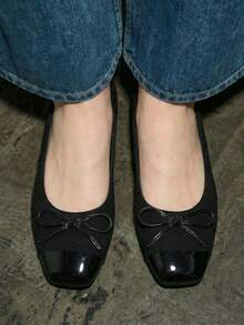 2025新款蝴蝶结方头粗跟平底套脚休闲舒适软底女鞋 - 黑色 - 查看 3