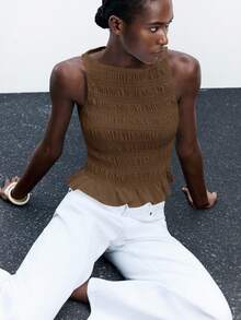 Maija 2022新款荷叶边下摆船领无袖修身衬衫，适合复活节、音乐节、婚礼、早午餐、机场、日常、派对、毕业典礼、休闲、百搭、露肩上衣、商务休闲女装、返校季 - 棕色 - 查看 8