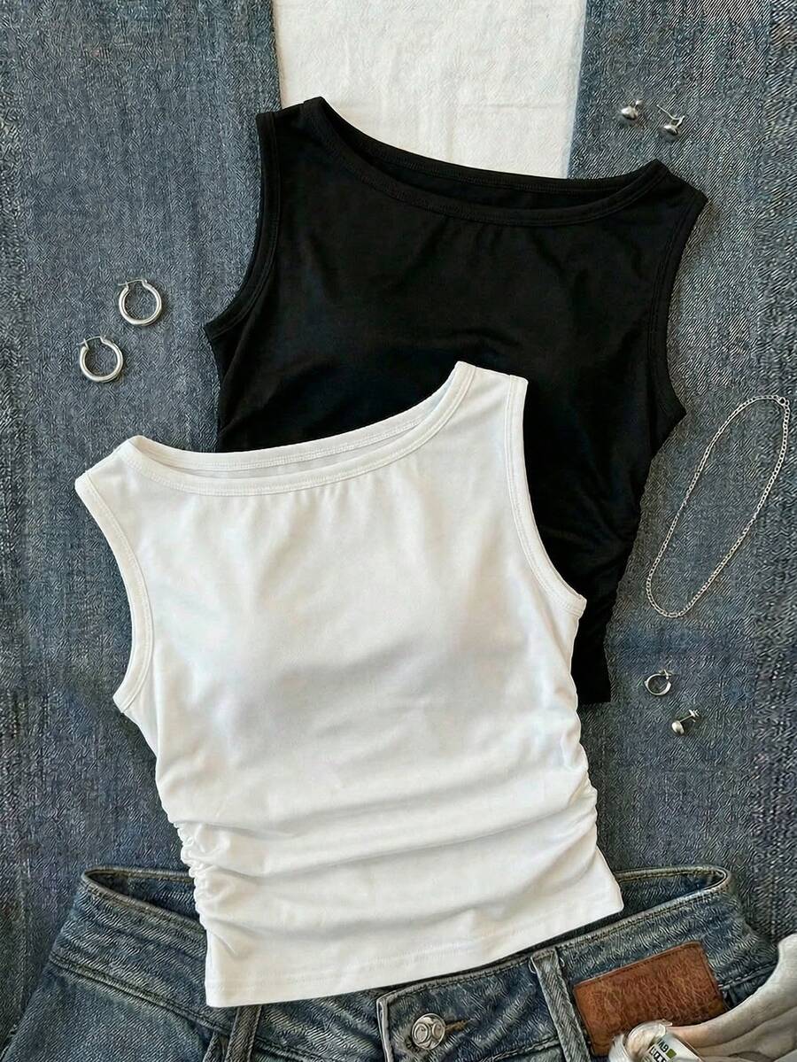 2pcs/Set Tween Girls Casual All-Match Versatile Daily Vacation Crew Neck Sleeveless Ruched Cropped Fitted Knit Solid Color Tank Tops, Spring/Summer - White - View 1