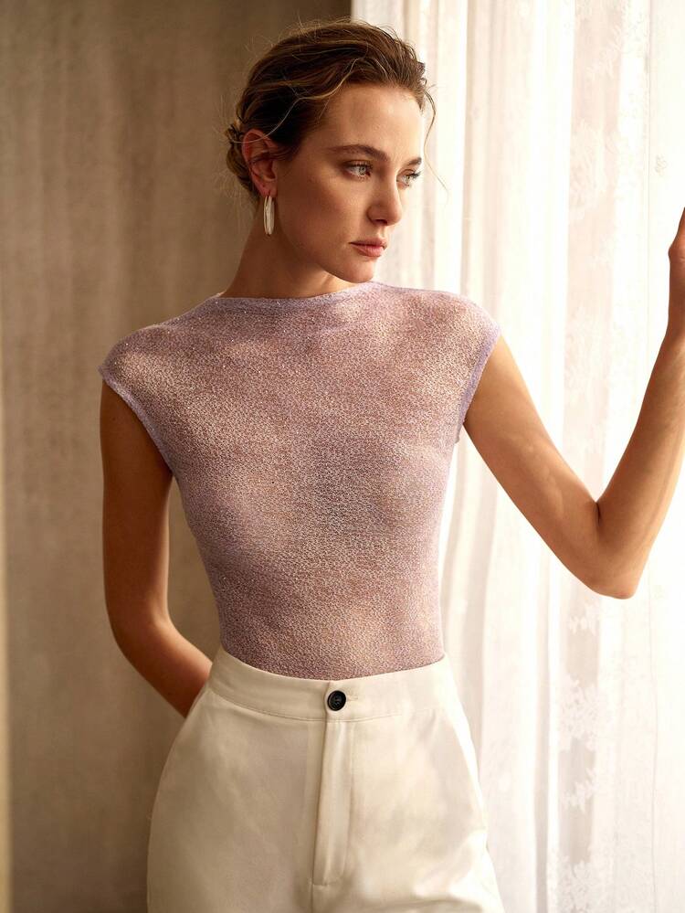 SLEEVELESS RHINESTONE EMBELLISHED KNIT TOP