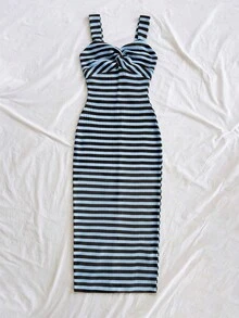 Soleia Vestido midi casual de mujer con rayas y detalle de torsión para vacaciones - lago azul - Ver 6