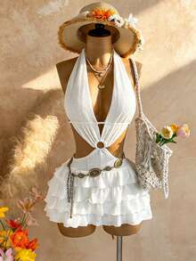 Soleia Vestido corto de verano para mujer de unicolor, con cuello halter, espalda descubierta, sin mangas, con recortes y volantes en el bajo - Blanco - Ver 1