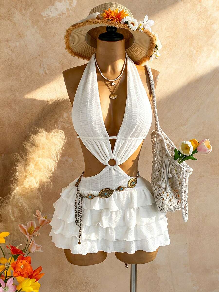 Soleia Vestido corto de verano para mujer de unicolor, con cuello halter, espalda descubierta, sin mangas, con recortes y volantes en el bajo - Blanco - Ver 1