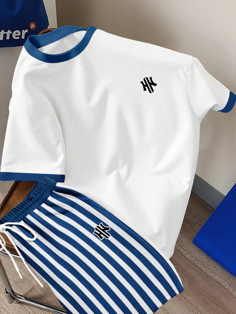 Manfinity Joysei Bộ áo thun ngắn tay và quần short nam kiểu dáng thể thao thường ngày, cổ áo phối màu tương phản, in chữ sọc xanh trắng, phù hợp cho cả nam và nữ. - Nhiều màu - Xem 1