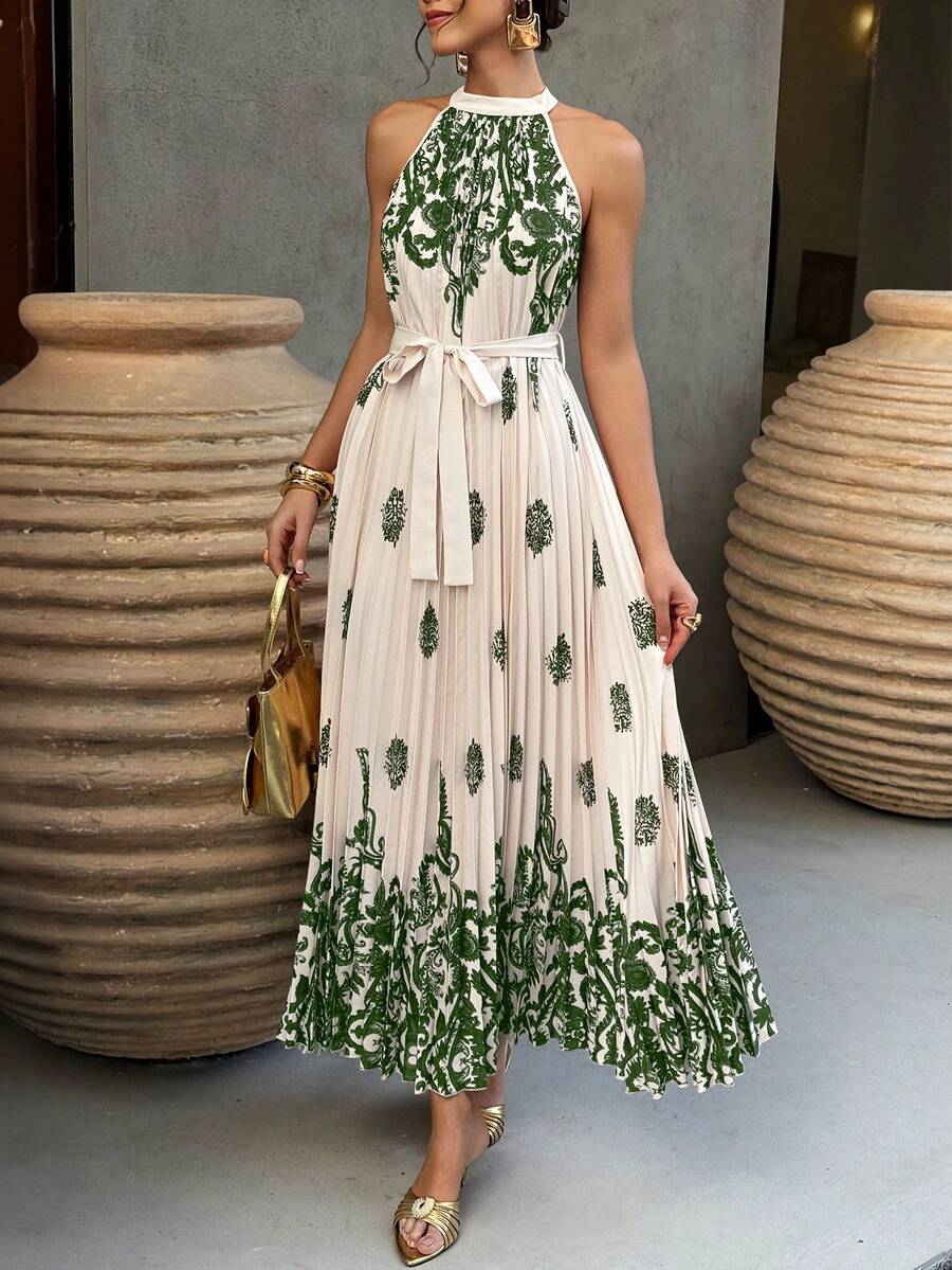 Selianne Women's Elegant Pleated Halter Tie A-Line Dress, Suitable For Vacation, Casual, Daily Wear, Wedding, Party In Spring & Summer - Multicolor - View 1