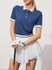 Gameset SHEIN Sport 女士撞色 Polo 领纽扣半开襟休闲百搭日常高尔夫 Polo 衫，短袖 - 藍色 - 查看 4