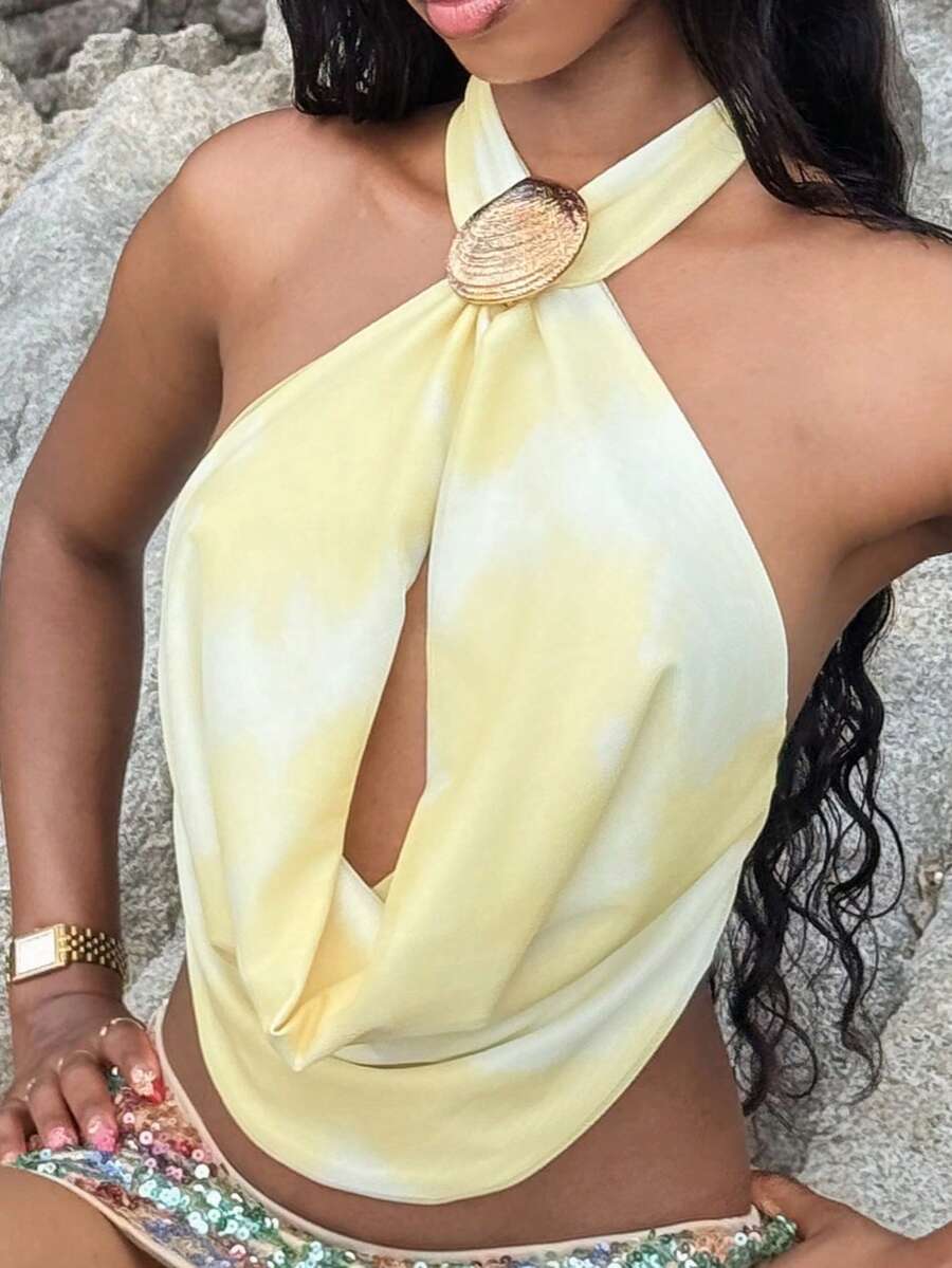 Mima John Áo hai dây hở lưng in họa tiết chéo thanh lịch gợi cảm dành cho nữ cổ khoét sâu in họa tiết nhuộm màu