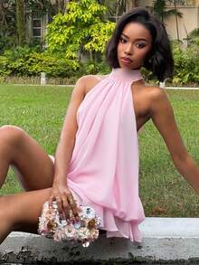 Mima John Women's Elegant Light Yellow Halter Tie Mini Dress Party - Baby Pink - View 1